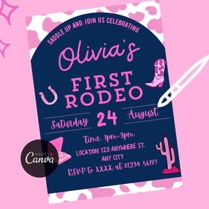 First Rodeo Girl Birthday Invitation | Editable Cowgirl 1st Birthday Canva Template | Western Rodeo Party Invite | Digital Download