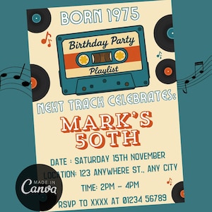 Editable 50th Birthday Invitation Template, Born in 1975 Retro Cassette Party Invite, Canva Digital Download, Printable PDF A5 or A4