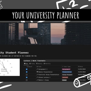 May include: A dark grey screen with white text overlay that reads "Your University Planner". The screen shows a dark cityscape at sunset with a clock and a list of tasks. The list includes "Assignment 1", "Module Presentation", "Practical Group Presentation", "Attend Lecture 1", and "Module 1 Essay".