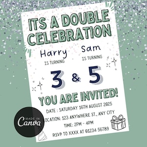 Editable Twins Birthday Invitation, Sibling Party Invite, Double Celebration, Joint Birthday, Digital Download 5x7 Canva Invite