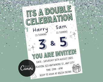 Invito di compleanno modificabile per gemelli, invito per festa tra fratelli, doppia festa, compleanno condiviso, download digitale 5x7 Canva Invite