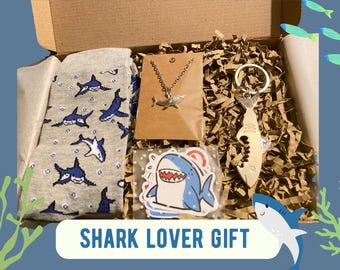 Shark Lover Gift Set | Ocean-Themed Letterbox Gift with Necklace, Bottle Opener Keychain, Socks & Stickers | Unique Gift for Shark Fans