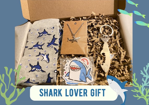 Shark Lover Gift Set | Ocean-Themed Letterbox Gift with Necklace, Bottle Opener Keychain, Socks & Stickers | Unique Gift for Shark Fans