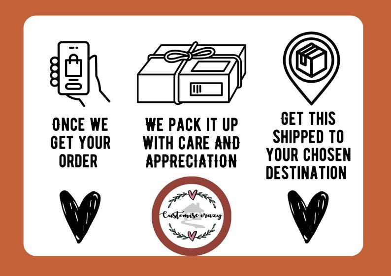 May include: A white graphic with black line art icons and text. The icons show a hand holding a phone, a wrapped package, and a location pin with a box. Text reads: Once we get your order, We pack it up with care and appreciation, Get this shipped to your chosen destination. Includes three black hearts and a circular logo with the text Customise crazy.