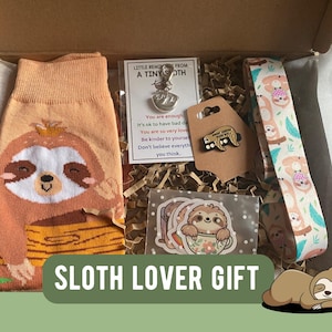 Sloth Lover Gift Set - Cute Sloth Socks, Keychain, Necklace & Stickers - Fun Animal Letterbox Gift for Her - Sloth Jewellery image 1
