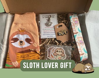 Sloth Lover Gift Set - Cute Sloth Socks, Keychain, Necklace & Stickers - Fun Animal Letterbox Gift for Her - Sloth Jewellery