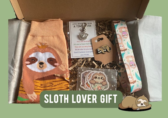 Sloth Lover Gift Set - Cute Sloth Socks, Keychain, Necklace & Stickers - Fun Animal Letterbox Gift for Her - Sloth Jewellery