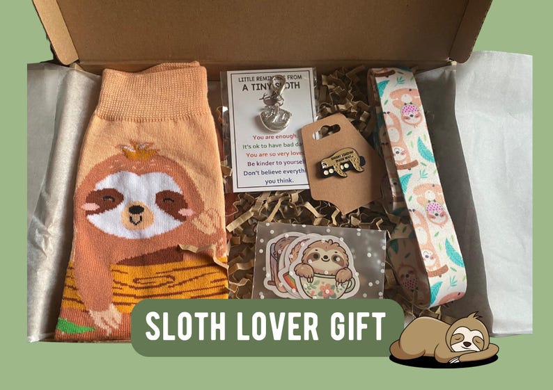 Sloth Lover Gift Set - Cute Sloth Socks, Keychain, Necklace & Stickers - Fun Animal Letterbox Gift for Her - Sloth Jewellery image 1