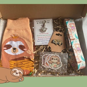 Sloth Lover Gift Set - Cute Sloth Socks, Keychain, Necklace & Stickers - Fun Animal Letterbox Gift for Her - Sloth Jewellery image 2