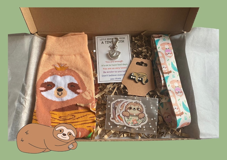 Sloth Lover Gift Set - Cute Sloth Socks, Keychain, Necklace & Stickers - Fun Animal Letterbox Gift for Her - Sloth Jewellery image 2