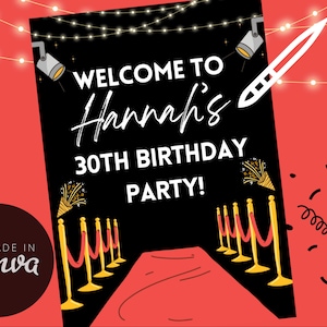 Red Carpet Party Welcome Sign Template, VIP Hollywood Birthday Party Theme, Editable Canva Party Welcome, Movie Party Greeting Invite