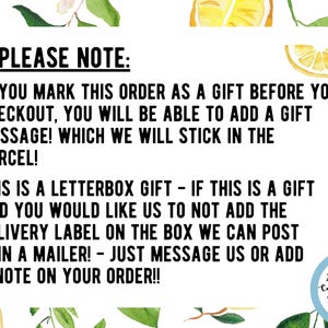 May include: White background with text that reads "PLEASE NOTE: IF YOU MARK THIS ORDER AS A GIFT BEFORE YOU CHECKOUT, YOU WILL BE ABLE TO ADD A GIFT MESSAGE! WHICH WE WILL STICK IN THE PARCEL!" and more. Watercolor lemon and leaf accents.