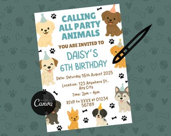 Editable Dog Birthday Invitation Canva Template, Pawty Puppy Party Invite Printable, Digital Download Pet Birthday Quirky Dog Invite