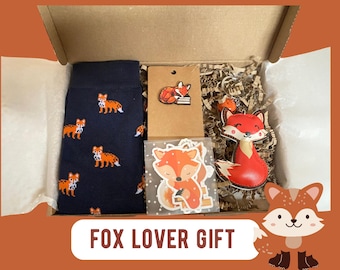 Fox Lover Gift Set, Fox Gift Box, Woodland Animal Gift, Fox Socks Keyring Brooch Stickers, Letterbox Gift for Her, Birthday Gift