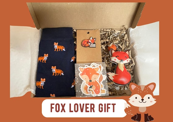 Fox Lover Gift Set, Fox Gift Box, Woodland Animal Gift, Fox Socks Keyring Brooch Stickers, Letterbox Gift for Her, Birthday Gift