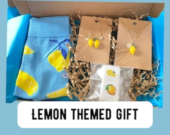 Lemon Lover Gift Box, Letterbox Gift for Her, Cute Lemon Themed Accessories, Socks Earrings Necklace Stickers, Cheer Up Gift Idea