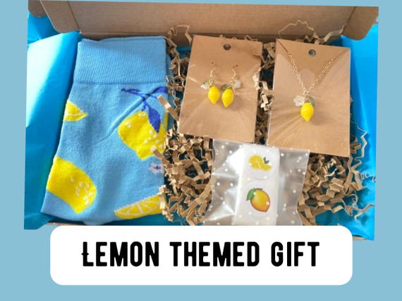 Lemon Lover Gift Box, Letterbox Gift for Her, Cute Lemon Themed Accessories, Socks Earrings Necklace Stickers, Cheer Up Gift Idea