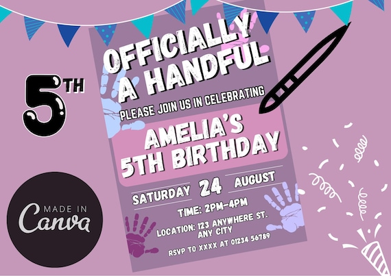 Officially A Handful Girls 5th Birthday Invitation, Finger Painting Theme, Editable Fifth Birthday Party Invite, Edit In Canva