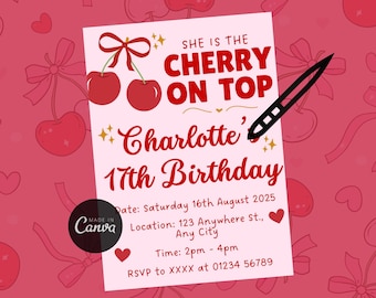 Plantilla de invitación de cumpleaños de cereza, invitación de cumpleaños de niña coqueta, imprimible editable de Canva con lazo rojo y rosa para fiesta, Ella es la cereza del pastel