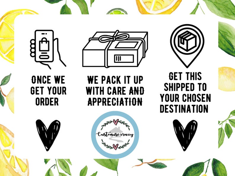 May include: An image with text and illustrations. The text reads "Once we get your order", "We pack it up with care and appreciation", and "Get this shipped to your chosen destination". The image also includes a logo and decorative hearts.