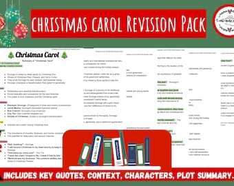 May include: A colorful printable revision pack for the classic Christmas story "A Christmas Carol" by Charles Dickens. The pack includes key quotes, context, characters, and a plot summary. The image features a red and green Christmas theme with a stack of books labeled "English" and "Literature".