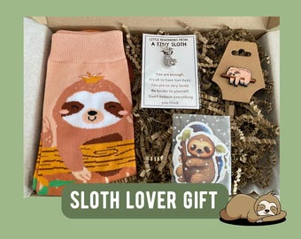 Sloth Lover Gift Set - Cute Sloth Socks, Keychain, Brooch & Stickers - Fun Animal Letterbox Gift- Sloth Jewellery