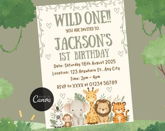 Wild One Safari 1st Birthday Invitation Template, Editable Canva Jungle Birthday Invite, Printable Safari Animal Party Invitation Download