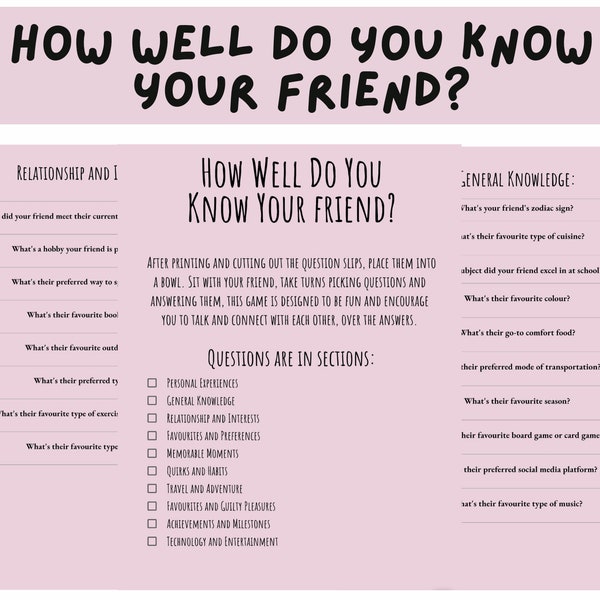 100 How Well Do You Know Your Friend Questions/Digital Cards, Printable Friendship Quiz, Best Friend Quiz , Friendship Card Game