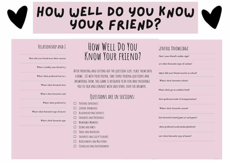 100 How Well Do You Know Your Friend Questions/digital Cards, Printable(01)