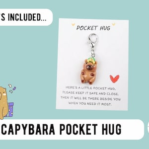 May include: A brown capybara charm with a green hat is attached to a silver keychain. The charm is on a white card that reads "Pocket Hug" and includes a message. The words "Capybara Pocket Hug" are at the bottom.
