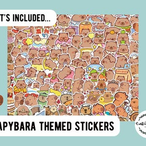 May include: A collection of capybara-themed stickers. The stickers feature various cartoon capybaras in different poses and with accessories. The stickers are in shades of brown, yellow, and pink, with the text "CAPYBARA THEMED STICKERS" at the bottom.