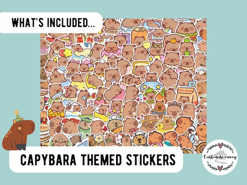 May include: A collection of capybara-themed stickers. The stickers feature various cartoon capybaras in different poses and with accessories. The stickers are in shades of brown, yellow, and pink, with the text "CAPYBARA THEMED STICKERS" at the bottom.