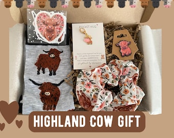 Highland Cow Lover Letterbox Gift Set - Brooch, Pocket Hug, Highland Cow Socks & Scrunchie- Animal Lover Gift, Highlander Birthday Gift