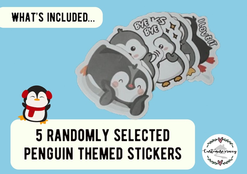 Puede incluir: Cinco pegatinas de ping&uuml;inos seleccionadas al azar. Las pegatinas presentan lindos ping&uuml;inos de dibujos animados con diferentes expresiones y lemas, que incluyen "Bye Kiss Bye" y "I Love It".