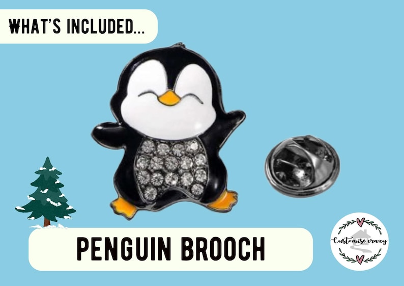 Puede incluir: Un broche de ping&uuml;ino negro y blanco con un cuerpo brillante. El broche est&aacute; unido a un alfiler de plata.