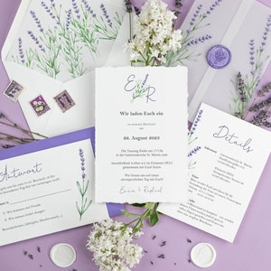 Einladung für Hochzeit mit Lavendel | personalisierbare Einladungskarte mit Umschlag | mehrteilige Hochzeitseinladung mit Aquarell Lavendel