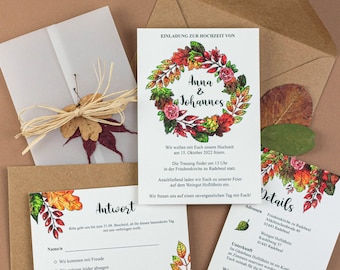 Einladung für Hochzeit im Herbst | personalisierbare Einladungskarte mit Umschlag | Hochzeitseinladung mit Aquarell für Herbsthochzeit