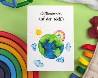 Glückwunschkarte zur Geburt | Willkommen auf der Welt | Karte zur Geburt in Aquarell mit Regenbogen