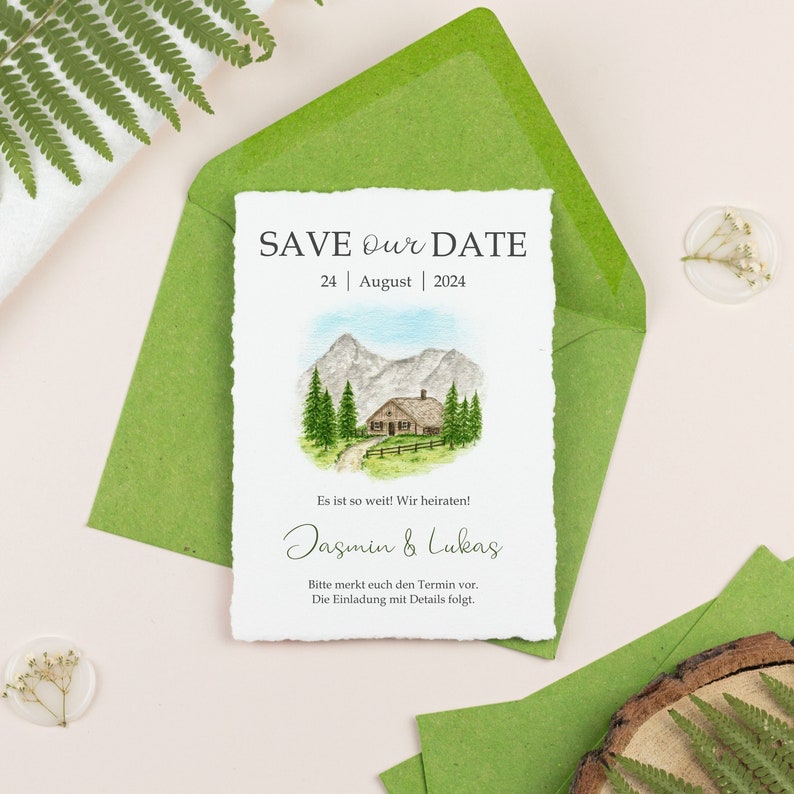 Save the date cards for mountain wedding customizable Save the Date Postcard with Envelope watercolor image 1