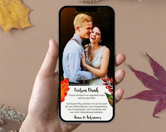Digital thank you card for a fall wedding | Personalized thank you note with photo | Download to send via Whatsapp