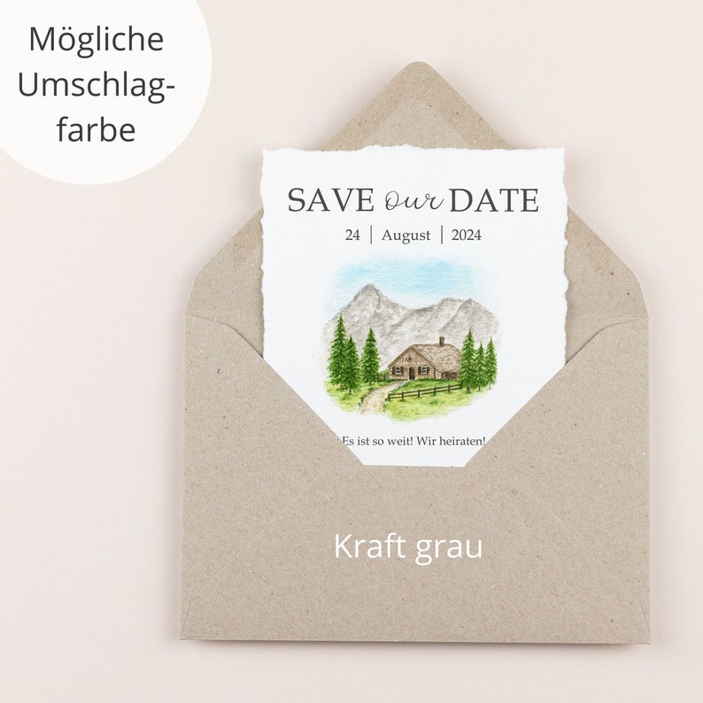 Save the date cards for mountain wedding customizable Save Kraft grau