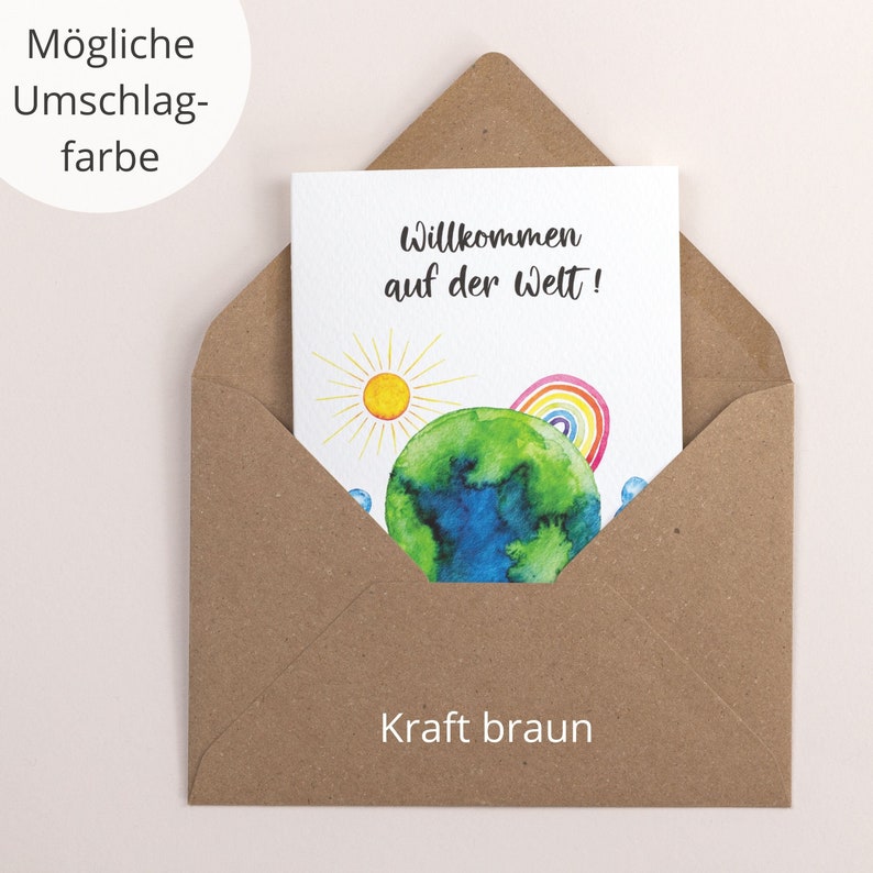 Birthday card Welcome to the world Birthday card in watercolor with rainbow Kraft braun