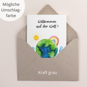 Birthday card Welcome to the world Birthday card in watercolor with rainbow Kraft grau