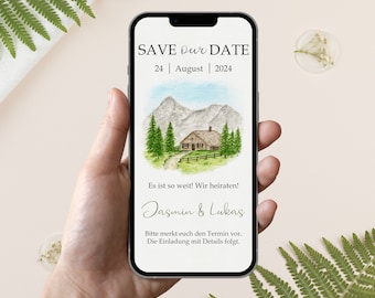 Digital save the date card for wedding in the mountains | customizable | Save the Date as a download to send via Whatsapp