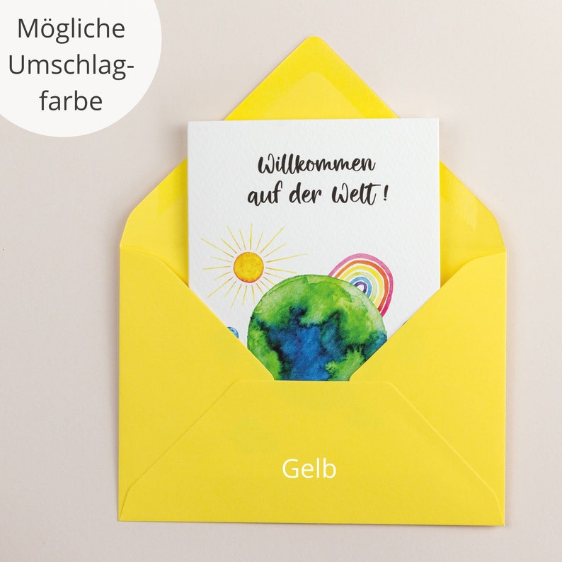 Birthday card Welcome to the world Birthday card in watercolor with rainbow Gelb