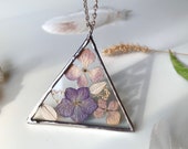 Real Pressed purple flower frame necklace, silver chain botanical gift pendant, necklaces for women, meadow, Terrarium, triangle jewelry