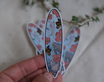 Surfboard sticker, Florida inspired; butterfly, manatee, dolphin and flowers