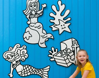 Mermaid Princesses Huge Dry-Erase Decor & Toy, Sturdy (Not a Decal), Snaps On/Off Wall, Toddler Kid Girl Tween DIY Whiteboard Art Sea Ocean