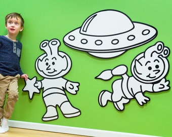 Outer Space Aliens UFO Huge Dry-Erase Decor & Toy, Sturdy (Not a Decal), Snaps On/Off Wall, Toddler Kid Boy Tween DIY Whiteboard Art