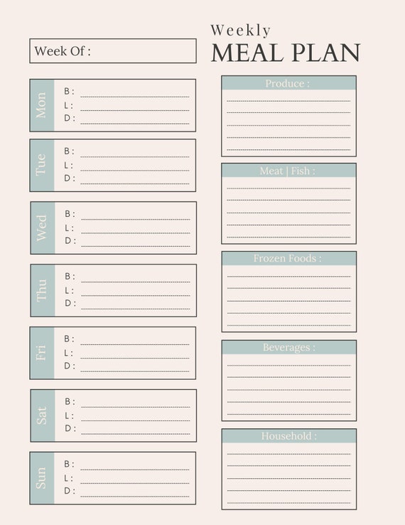 Printable Weekly Meal Plan INSTANT DOWNLOAD Grocery List - Etsy